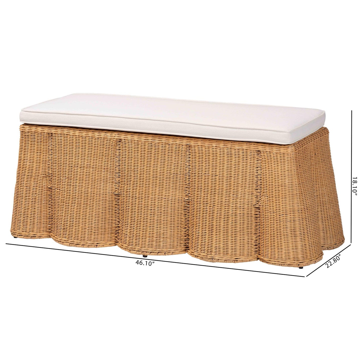 Bali & pari Palm Scallop Natural Rattan Ottoman with Cushion – Handwoven Wicker Accent Bench for Living Room, Bedroom or Entryway, Coastal Boho Style Accent Furniture, 46-inch Wide, Rectangular