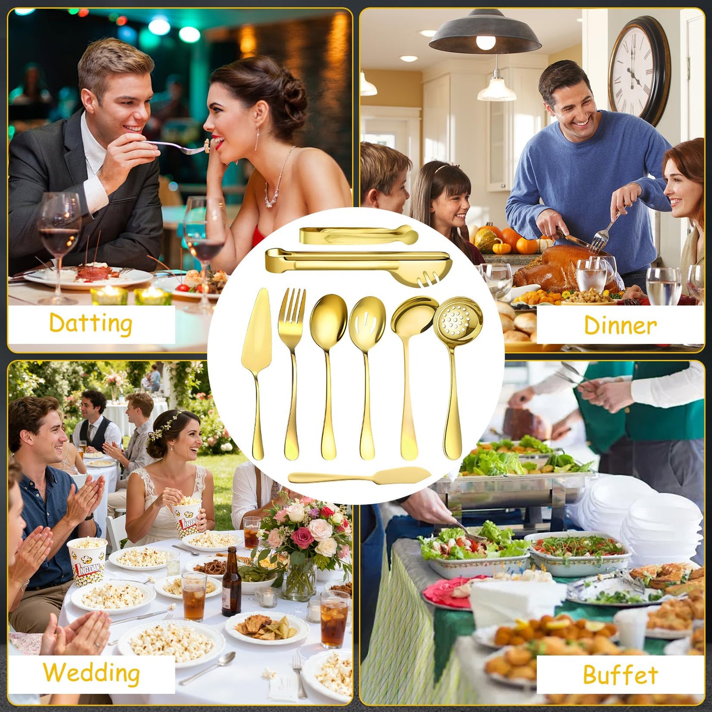 17 Pcs Gold Serving Utensils Set Include Stainless Steel Large Serving Spoons Slotted Spoons Forks Soup Ladle Pie Server - Metal Utensils for Parties Buffet Catering, Dishwasher Safe