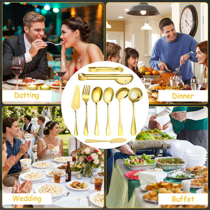 17 Pcs Gold Serving Utensils Set Include Stainless Steel Large Serving Spoons Slotted Spoons Forks Soup Ladle Pie Server - Metal Utensils for Parties Buffet Catering, Dishwasher Safe