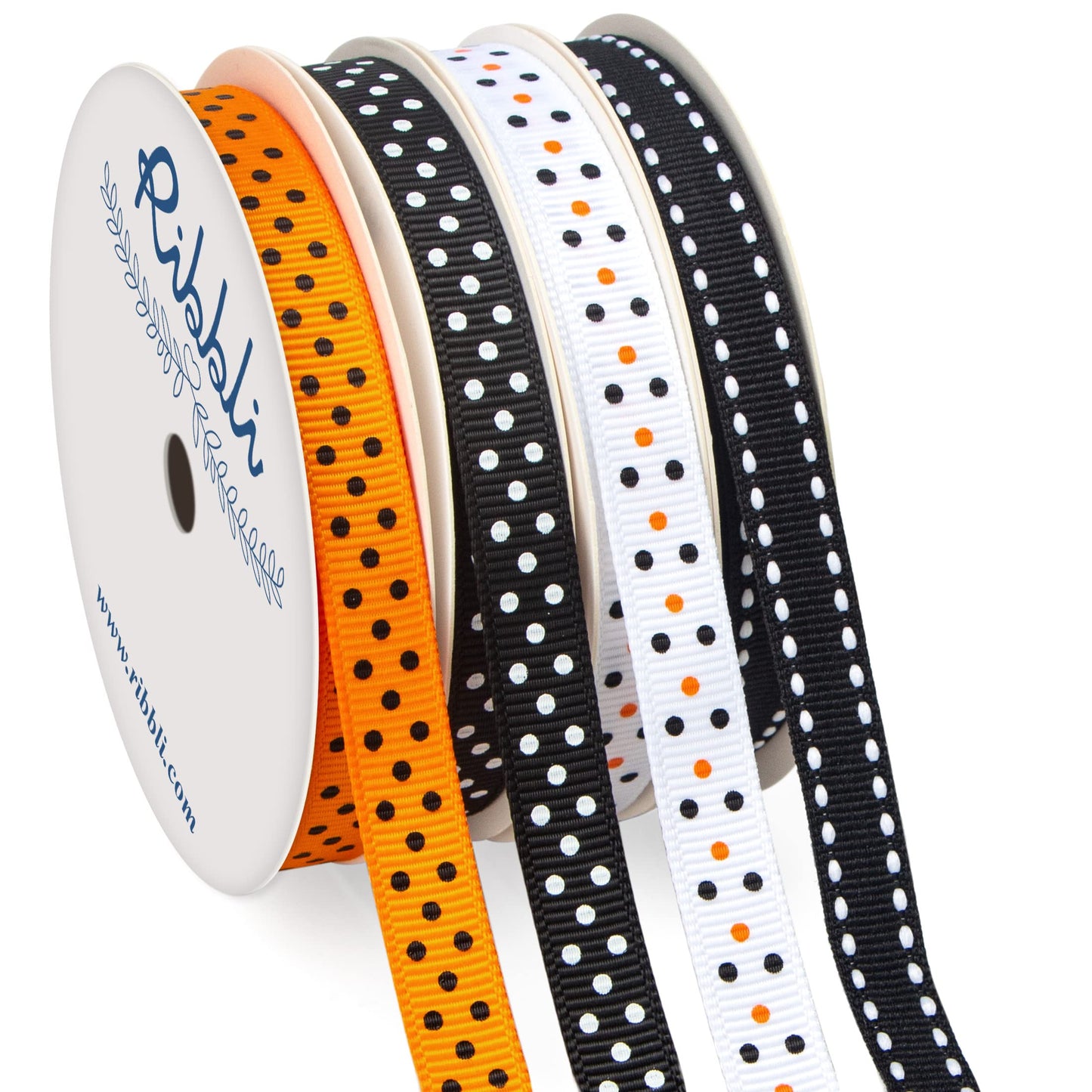 Ribbli 4 Rolls Halloween Ribbon,Halloween Polka Dots and Stitch Grosgrain Ribbon for Crafts, Gift Wrapping, 3/8 Inches Total 35 Yard, Black/White/Orange