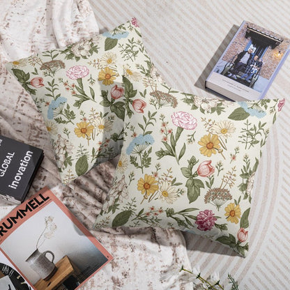 Spring Floral Pillow Covers 18X18 Set of 2, Botanical Print Green Flower Plant Pattern Decorative Throw Pillowcases Outdoor Farmhouse Seasonal Cushion Cases Couch Sofa Bed Decor
