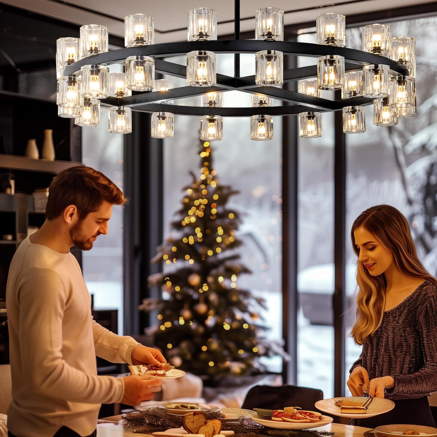 Plsintly Modern Black Crystal Chandelier,36" K9 Crystal Chandeliers for Dining Room Over Table,Wagon Wheel Chandeliers for Dining Room,Living Room,Foyer,Includes 36XG4 Bulbs