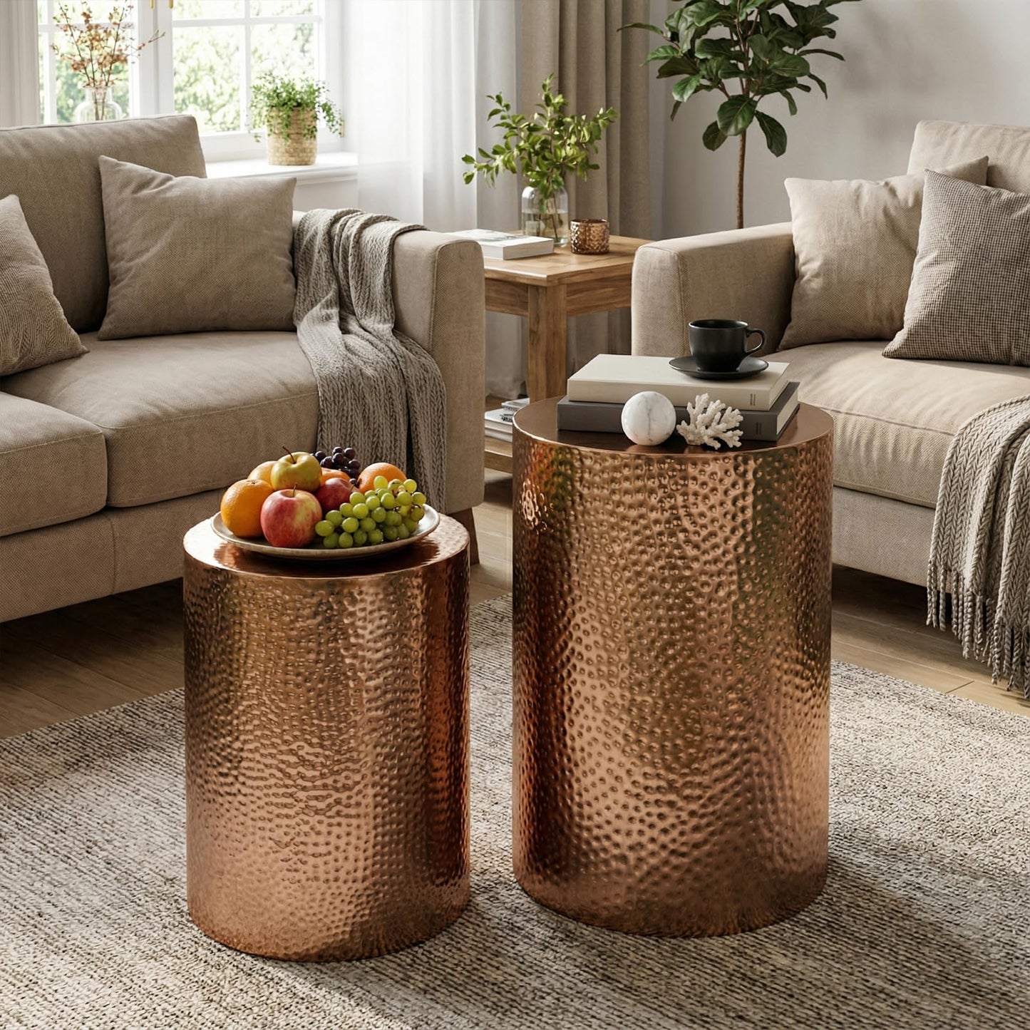 MyGift Set of 2 Modern Hammered Metal Bronze Round End Tables, Home Accent Side Tables for Living Room or Bedroom