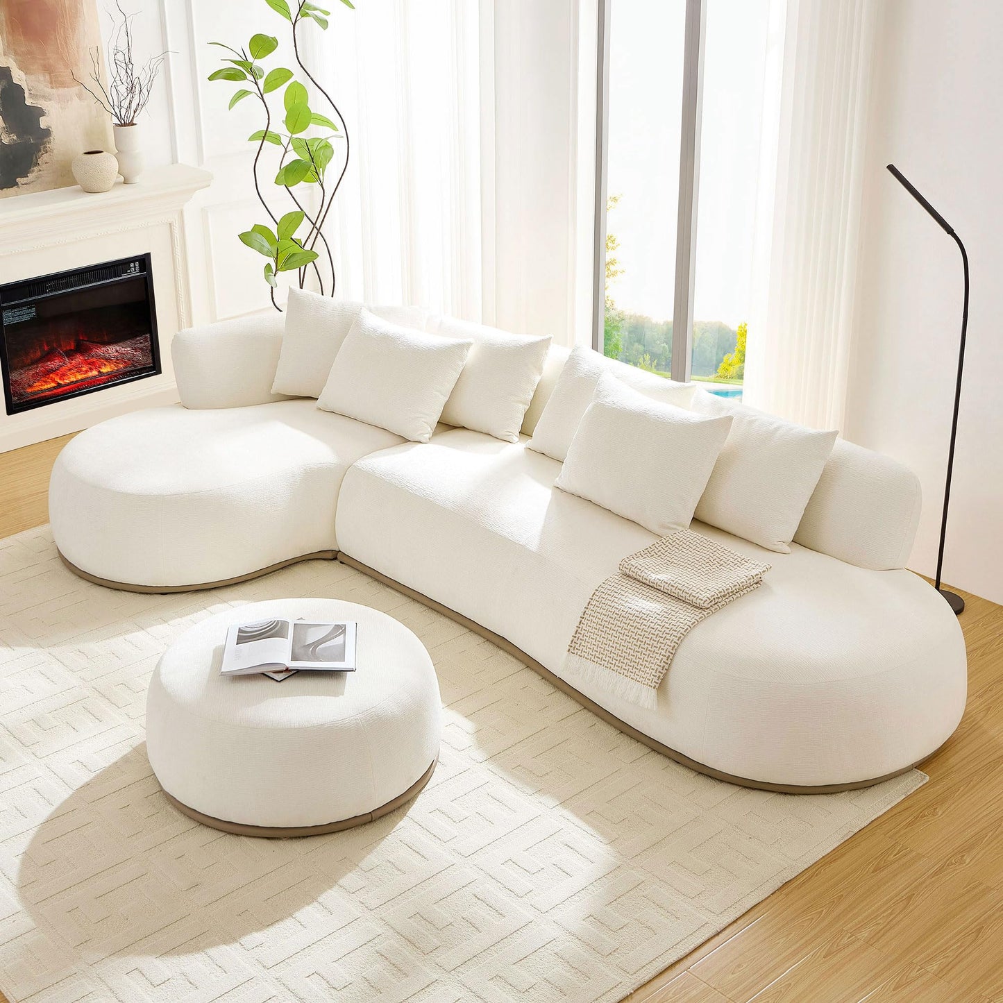 KEIKI 135" L-Shaped Oversized Boucle Sectional Sofa with Left Chaise, Modern 5-Seater Polyester Curved Couch with PU Leather Base, 1 Ottoman & 6 Pillows, No Assembly Required, for Living Room, Beige