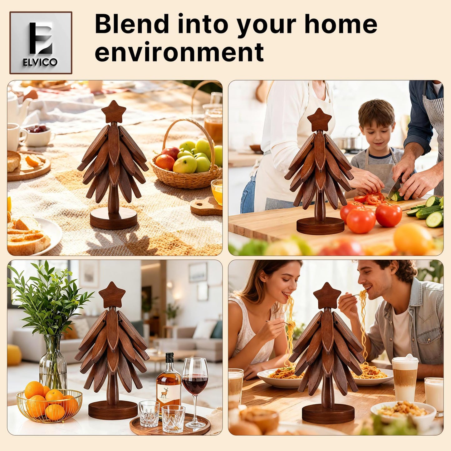 Wooden Trivets for Hot Dishes, Wooden Tree Trivet Set of 4 + 1 Stand Stored Like a Christmas Tree, Premium Heat-Resistant Natural Trivet Set for Kitchen Countertop, Bowl, Teapot