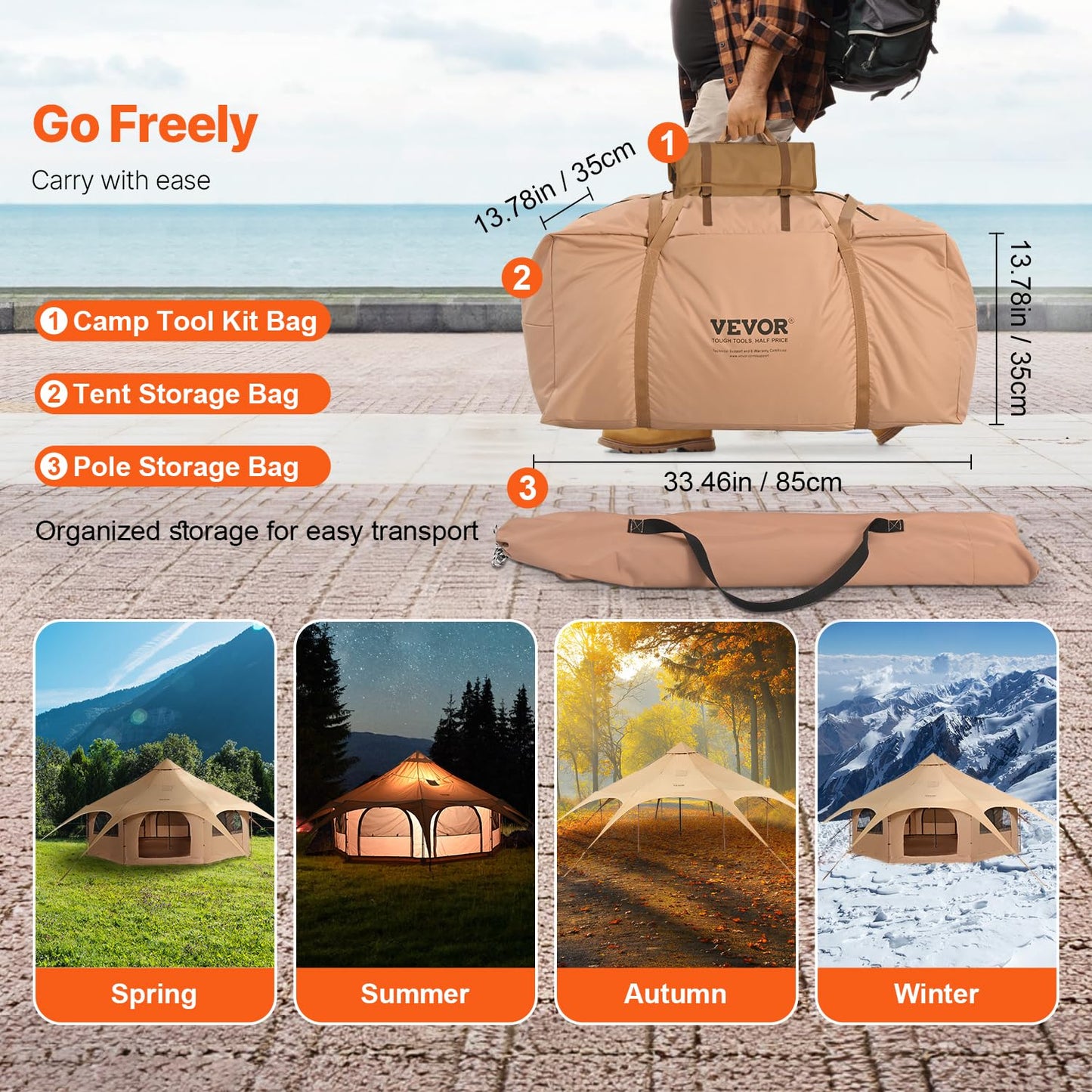VEVOR Canvas Tent, 4 Seasons 5 m/16.4 ft Bell Tent, for Camping with Stove Jack, Family Camping Outdoor Hunting Party