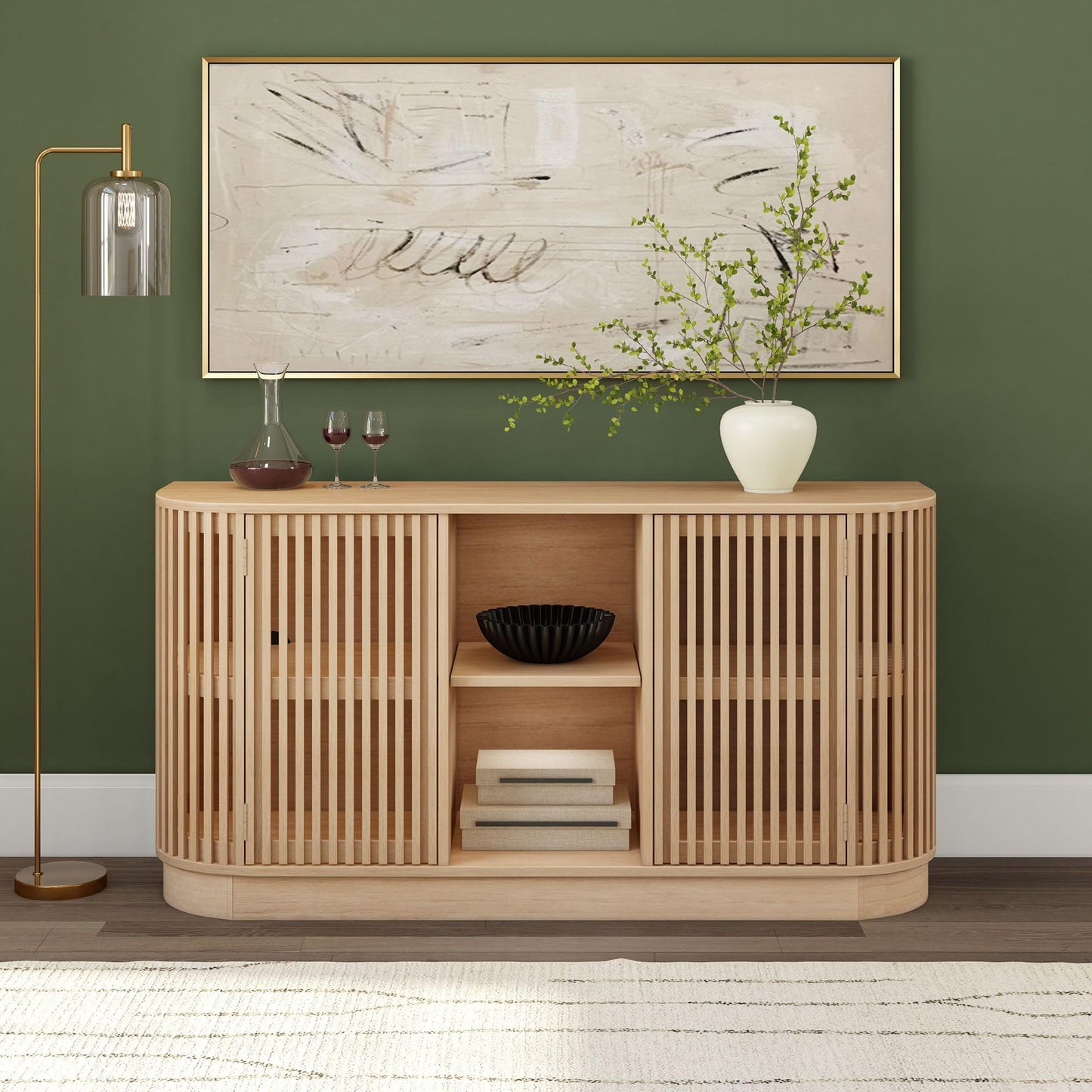 Plank+Beam Contour Wood TV Stand, Two Door Solid Wood Entertainment Console with Storage, 59" L x 16" W x 30" H, Blonde