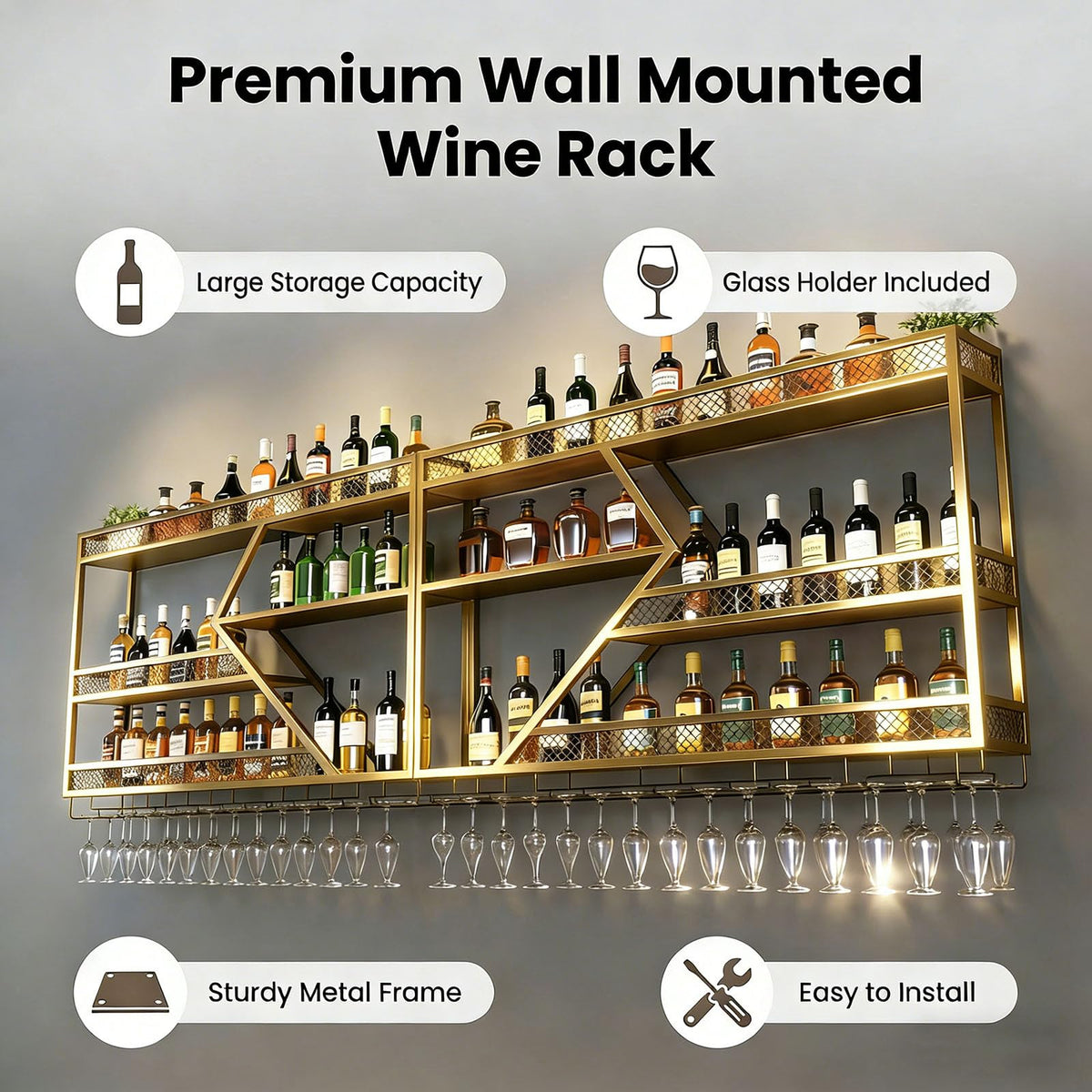 Wall Mounted Wine Rack, 71 Inch, 3-Tier Metal Bottle Shelf with Wine Glass Holder and LED Lights, Industrial Style for Home Bar, Restaurant (Gold, 71in)