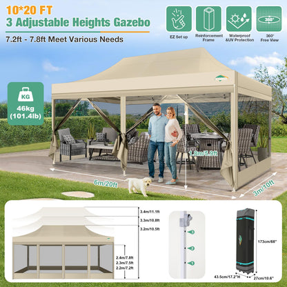 COBIZI 10x20 Canopy Tent, Heavy Duty Pop up Canopy with Sidewalls, Waterproof Easy Setup Canopy with Mosquito Netting, Outdoor Instant Screen Tents for Parties, Wedding with Roller Bag, Khaki