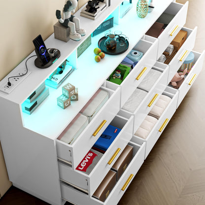 UNIQUITE White 9 Drawer Dressers for Bedroom, Modern Large Dresser with LED Light and Power Outlet, Wooden Long Dresser for Bedroom, Entryway, Hallway