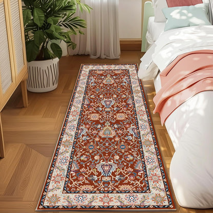 Washable 2x6 Hallway Runner Rug, Non-Slip Low Pile Cozy Kitchen Runner Rug, Brick Red Boho Vintage Floral, Ultra Soft, Stain Resistant, Pet & Kid Friendly Rugs for Bedroom Bathroom Laundry Room