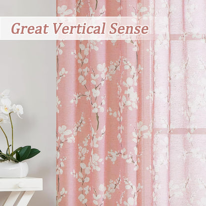 FMFUNCTEX Linen Sheer Curtains, Blush Pink Blossom Patterned, 96 Inches Long, Floral Drapes for Kids Room and Living