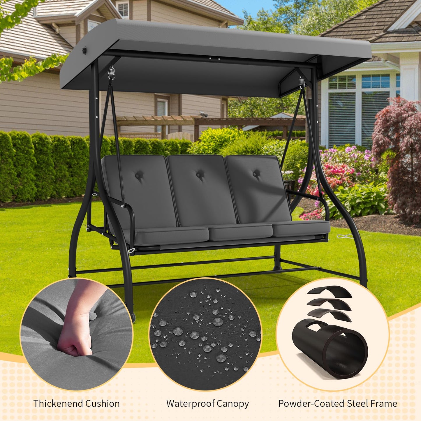 3-Seat Outdoor Porch Swing Glider with Adjustable Canopy, Patio Swings Bed with Removable Cushion for Porch, Backyard, Garden, Poolside, Balcony - Gray