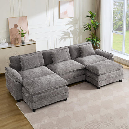 IPKIG 117" Modular Sectional Sofa, Chenille U-Shaped Sectional Couch Comfy Upholstered 3 Seat Sofa with 2 Ottoman, 3 Lumbar Pillow, Deep Seat Cloud Couch Sofa for Living Room, Light Grey