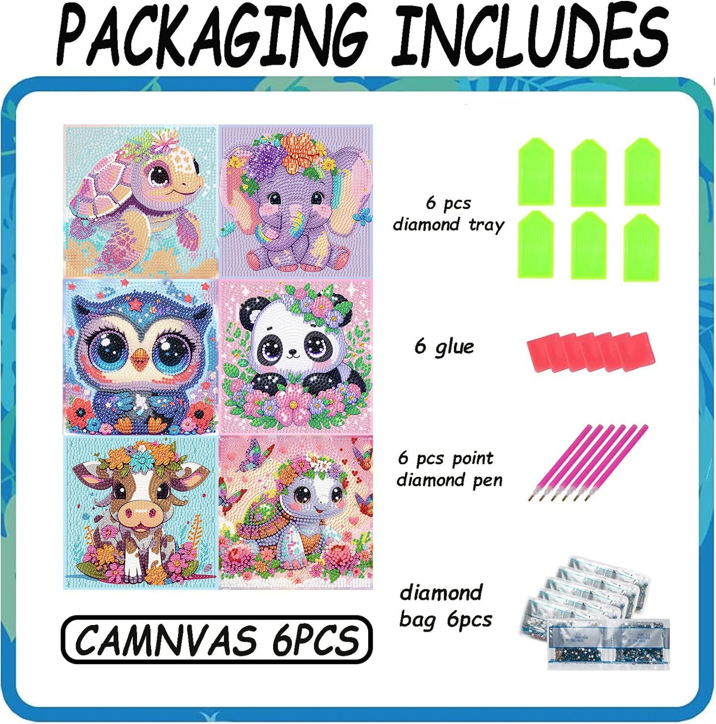 Acelii 6 Pack 5D Cartoon Diamond Painting Kits for Kids Beginners,Cute Animals DIY Diamond Art Kit for Kids,Full Round Drill Big Gem Art for Kid,Home Wall Decoration 6X6 inch