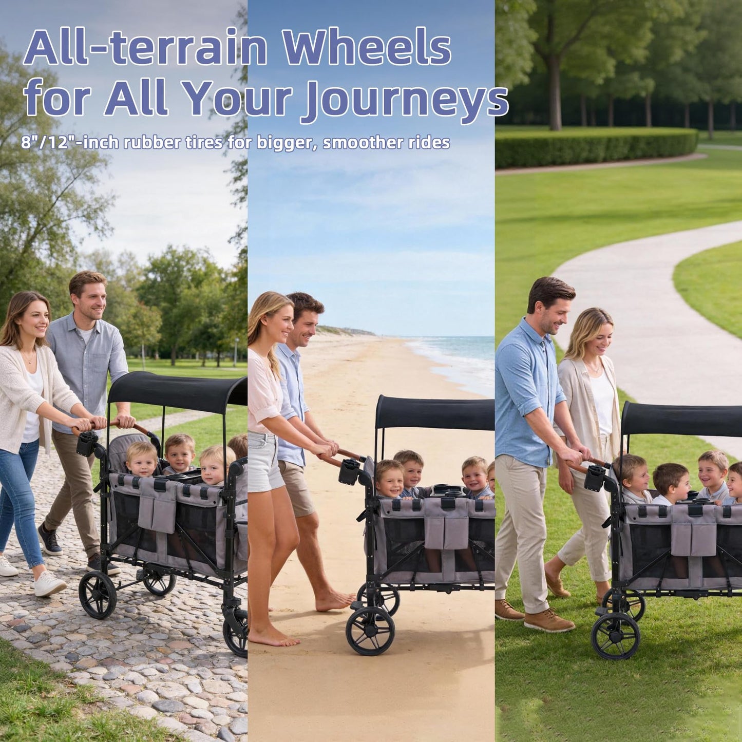 Stroller Wagon for 4 Kids, 4 Seater Wagon Stroller with Snack Tray, Large Storage Bag, Phone Cup Holder, Removable Canopy, Foldable Wagon Stroller 4 Seater with Adjustable Push Handles (Grey)