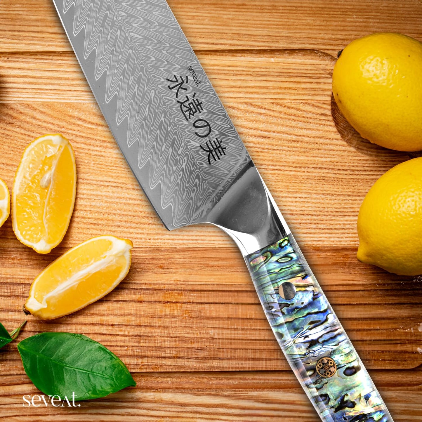 Seveat Damascus Kitchen Knife Set | 67-Layer Damascus Steel | Professional Chef Knives Set | Ergonomic Blue Shell Handle | Acacia Wood Magnetic Holder Included (Blue-3, 5-Piece Set)