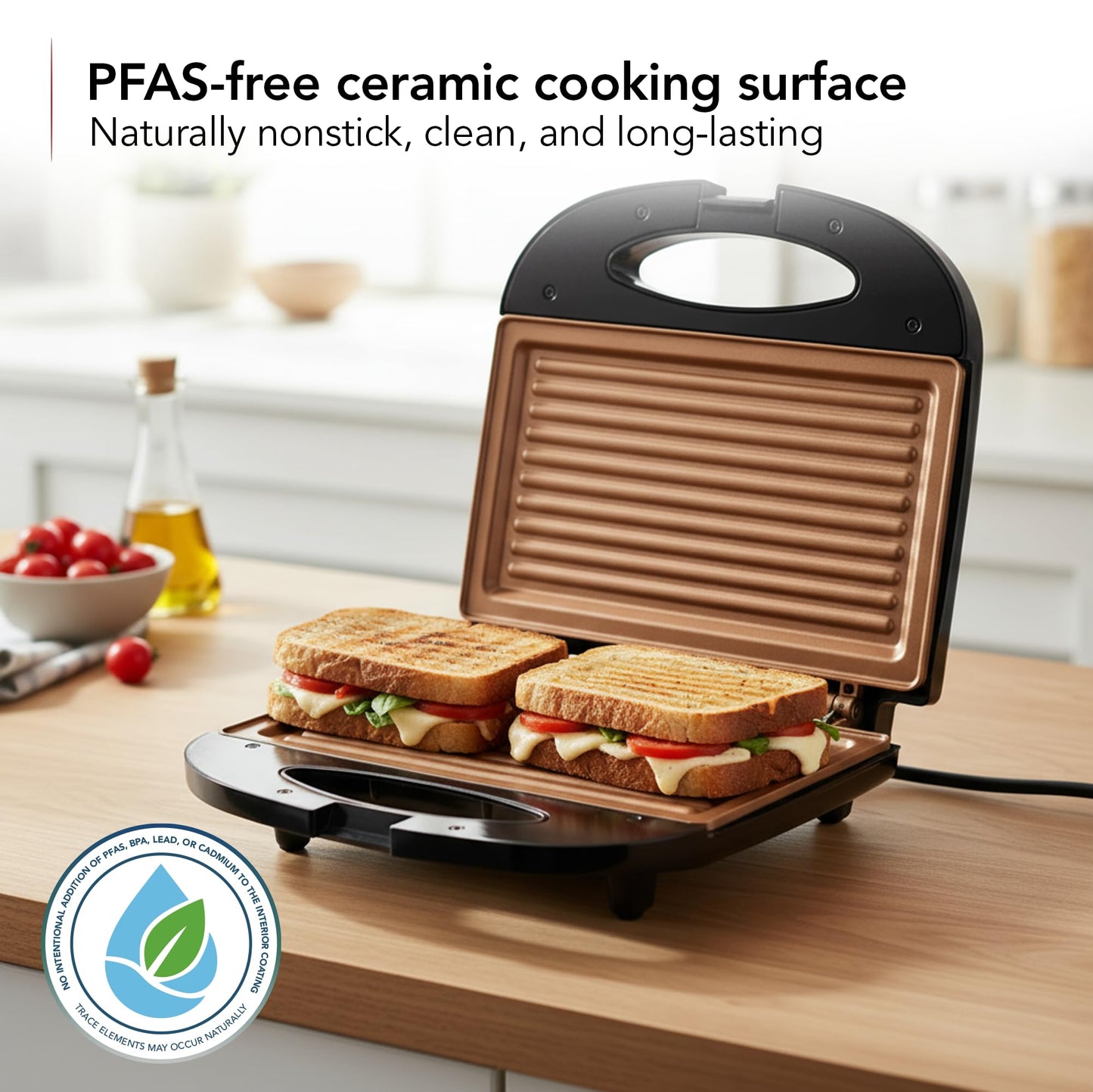OVENTE Electric Panini Press Grill with Nonstick Plates, LED Indicator Lights, Thermostat Control, Compact Sandwich Maker Perfect for Cooking Breakfast, Steaks, Eggs Snacks & More, Copper GP0110CO