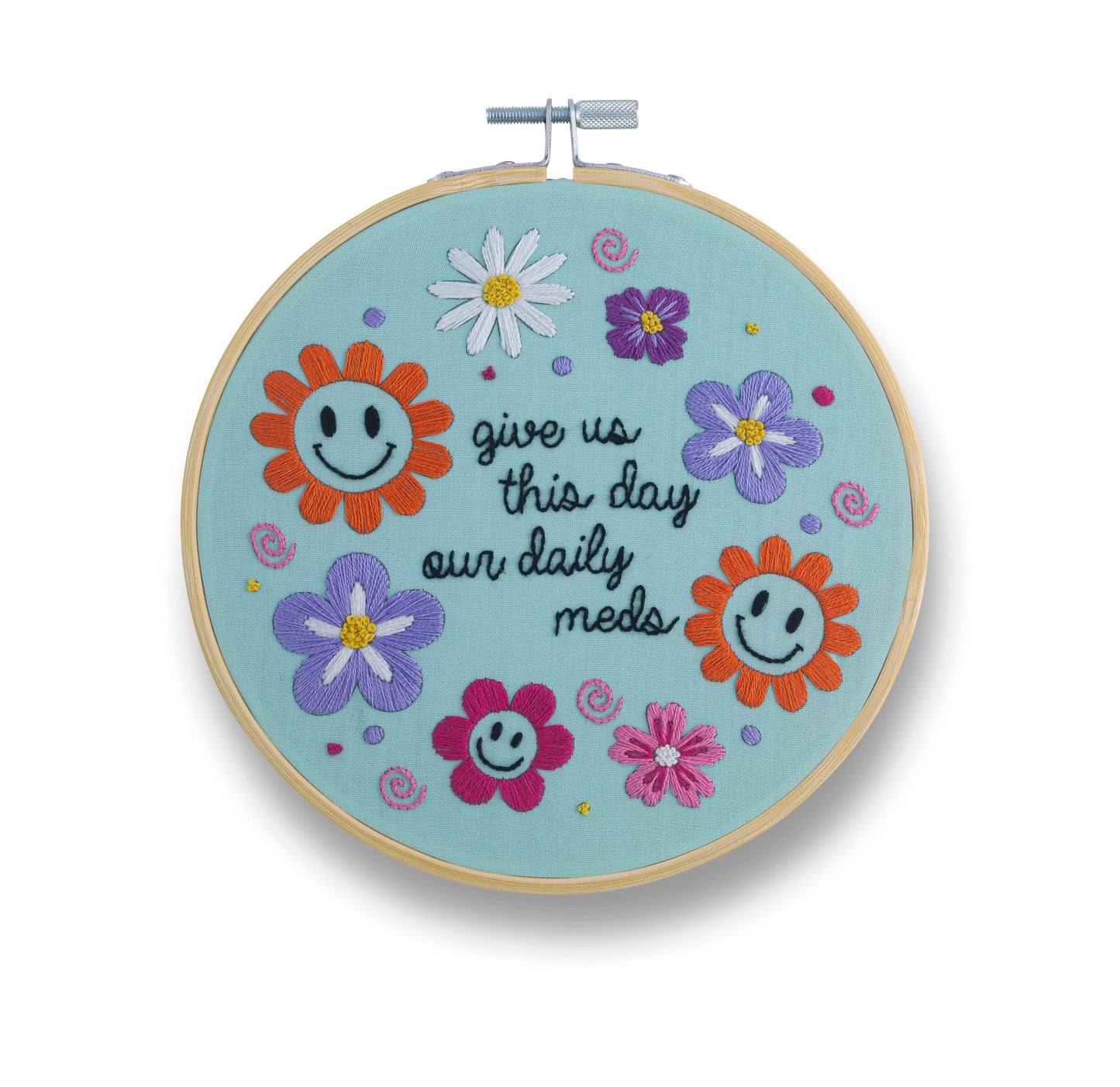 FUNATIC Give Us This Day Our Daily Meds Embroidery Kit | Funny Beginner Needle Work Starter Set for Adults | Fun DIY Arts and Crafts | Cross Stitch Kit with Bamboo Hoop Floss Needle Threader Fabric