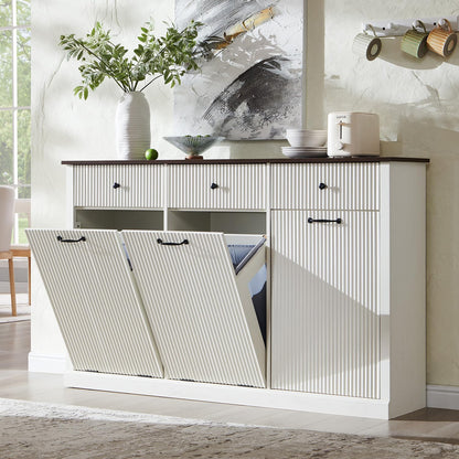 IFGET Triple Tilt Out Trash Can Cabinet, Modern Fluted Laundry Hamper Cabinet with 3 Drawers, 20 Gallon Hidden Wooden Garbage Can Cabinet w/Storage Basket & Adjustable Shelf, for Kitchen, White