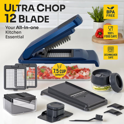 UltraChop All-In-1, 12 Blade Heavy Duty Vegetable Chopper, Food Chopper Container, Spiralizer, Mandoline Slicer Onion Mincer, French Fry And Salad Cutter, Home Essentials & Kitchen Gadgets, Blue
