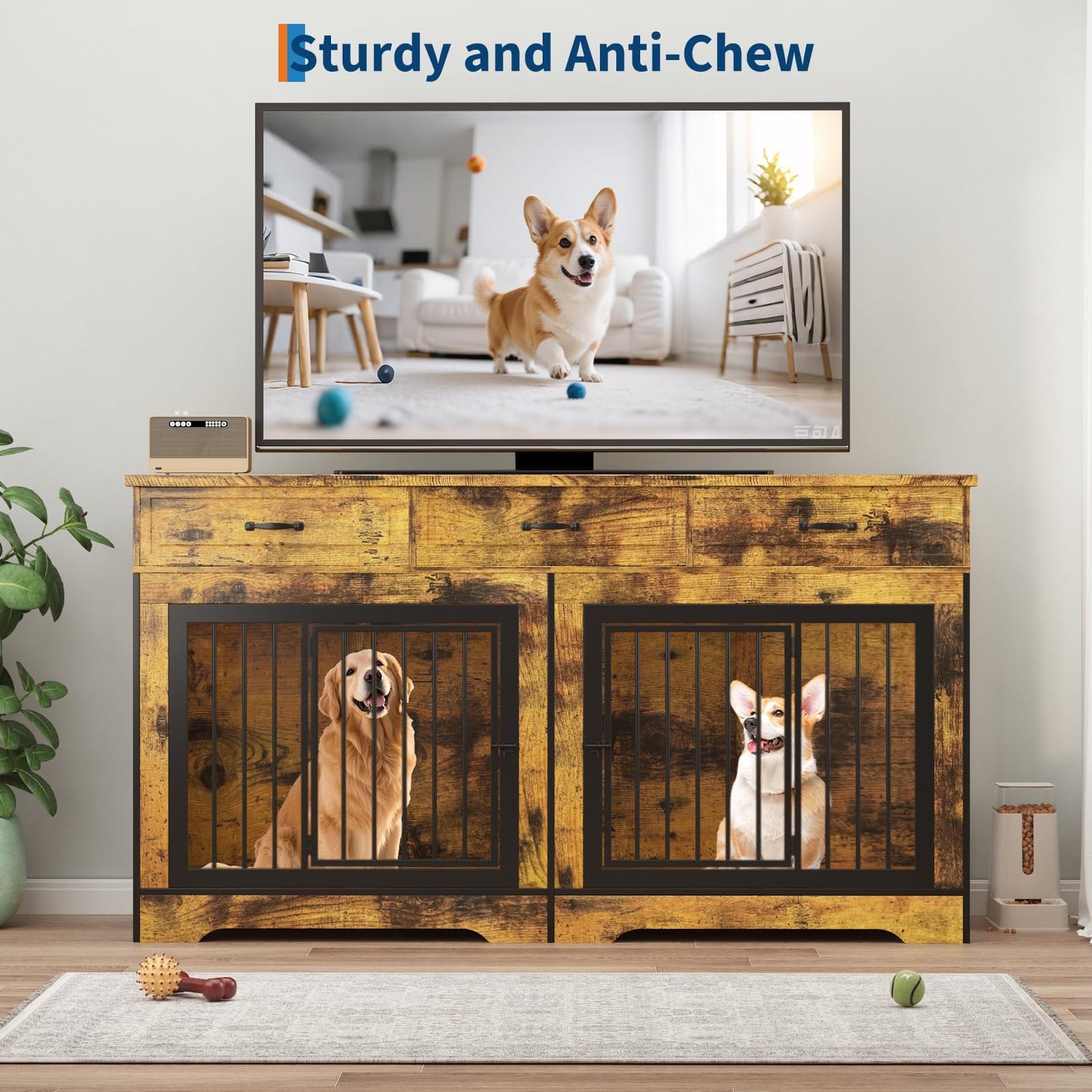 Extra Large Double Dog Crate Furniture – 70.9" Heavy Duty Wooden Kennel for 2 Medium or Large Dogs, Decorative End Table with 3 Drawers, TV Stand, Indoor Dog Cage with Double Doors