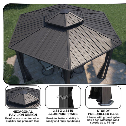 15x15FT Hexagon Hardtop Gazebo Heavy Duty Aluminum Frame Outdoor Gazebo Pergola Pavilion with Galvanized Steel Double Roof, Nettings & Ceiling Hook for Patio Backyard Deck Lawns