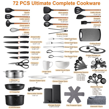72-Piece Kitchen Cooking Set, Pots and Pans Cookware, Nonstick Cookware Set, Plates and Bowls Dinnerware Knife Set, Kitchen Gadgets & Tools For New Home, Apartment, Mothers Day Gifts
