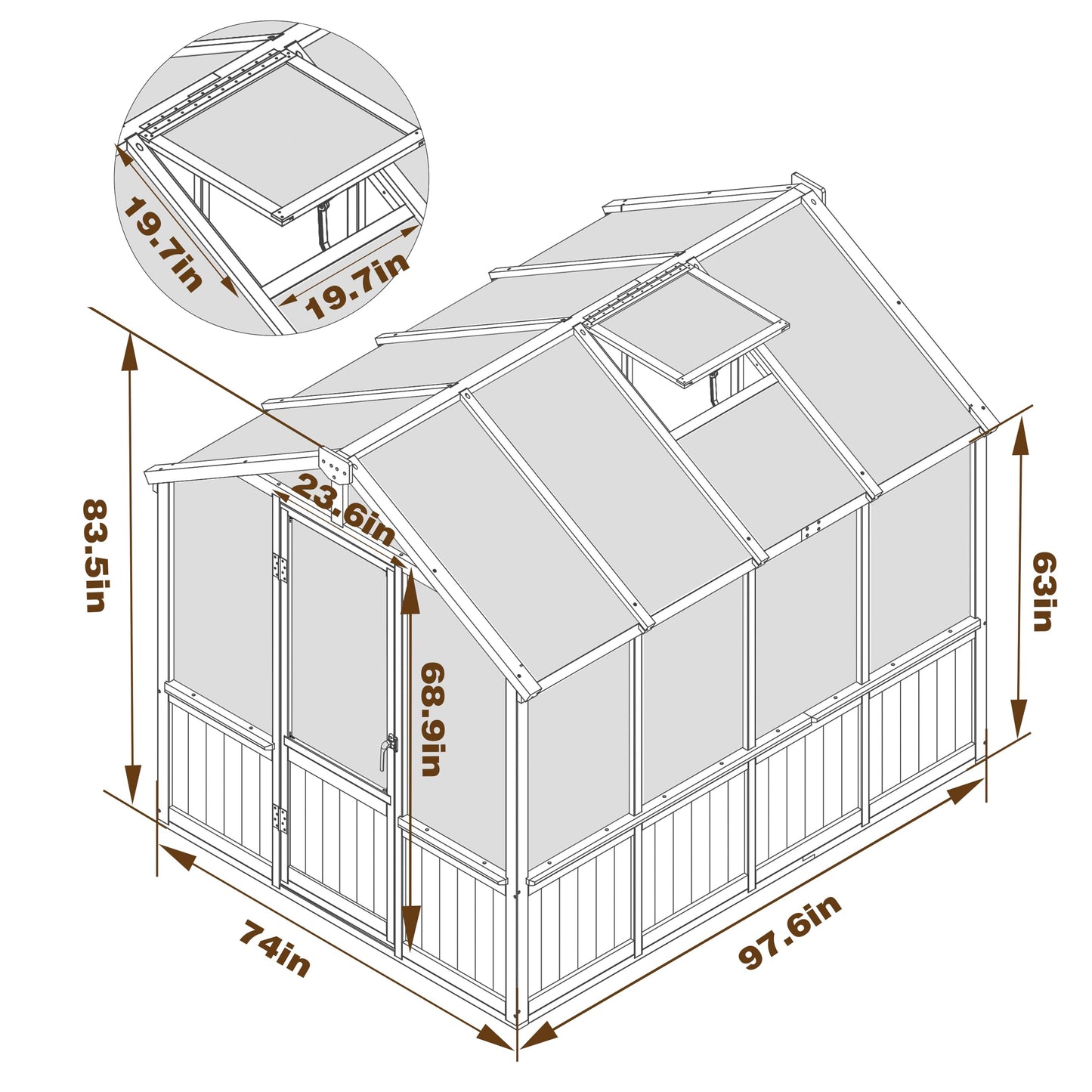 Yardenaler 6x8 FT Greenhouse Kit for Outdoor, 6MM Thick Polycarbonate Panel Wooden Walk-in Green House with Lockable Door and Adjustable Roof Vent, Backyard Garden, Light Mocha Brown