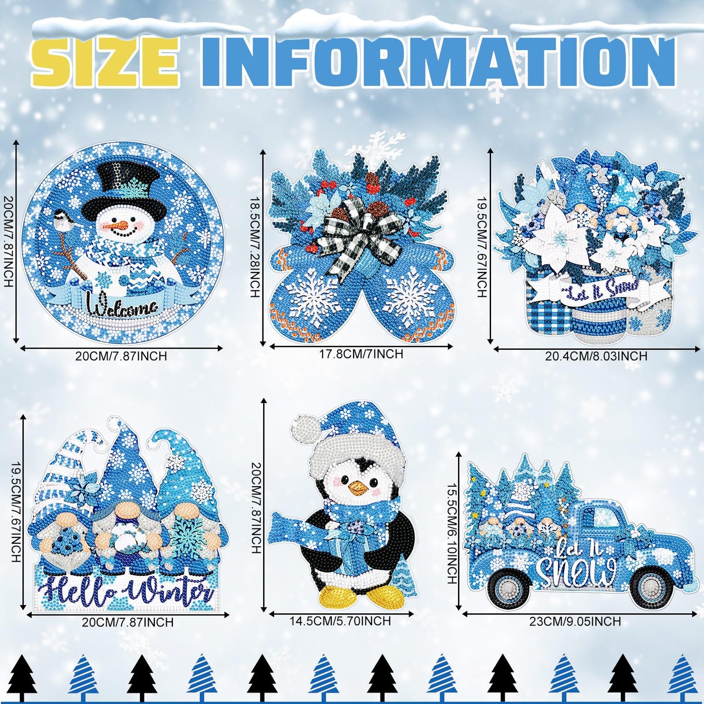 Zonon 6 Pcs Winter Diamond Painting Hanging Sign Set 5d Snowman Diamond Art Set for Adults DIY Gnome Art Pendant Ornaments Kits Acrylic Winter Tree Wreath Truck for Wall Window Decor