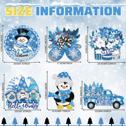Zonon 6 Pcs Winter Diamond Painting Hanging Sign Set 5d Snowman Diamond Art Set for Adults DIY Gnome Art Pendant Ornaments Kits Acrylic Winter Tree Wreath Truck for Wall Window Decor