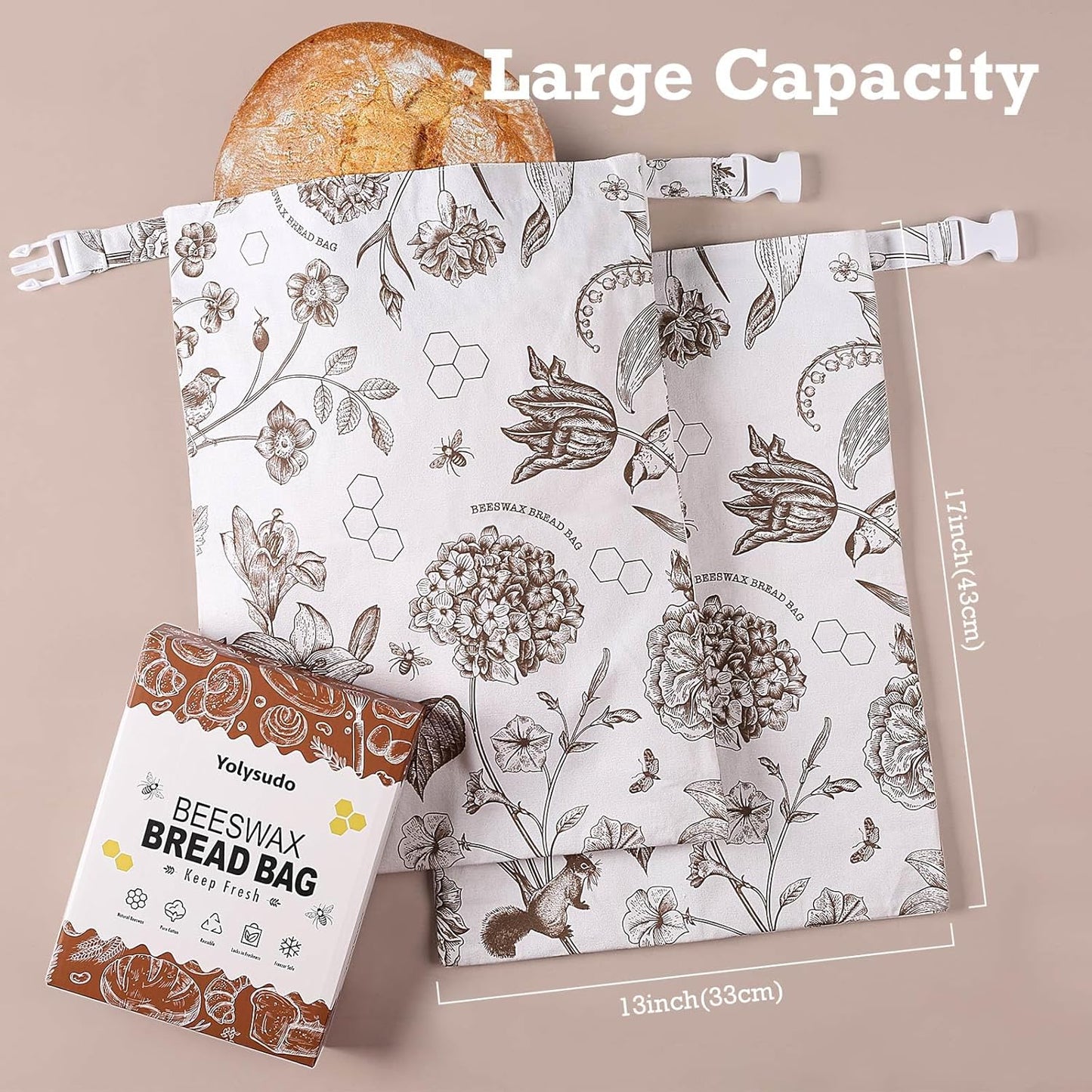 Yolysudo 2 Pack 17''x 13" Reusable Vintage Floral Beeswax Bread Bag for Sourdough, Large Beeswax Lined Cotton Homemade