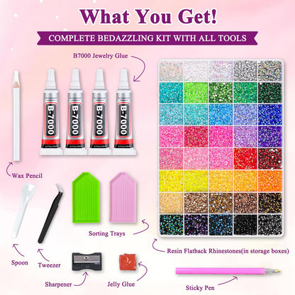 40000 Pcs 40 Colors Resin Jelly Rhinestones for Bedazzling, 3mm Flatback Gems Bedazzler Kit with 4Pcs B7000 Jewelry Glue and Tools, Multicolor Craft Jewels for DIY, Shoes, Crafting, Nail Art & Books