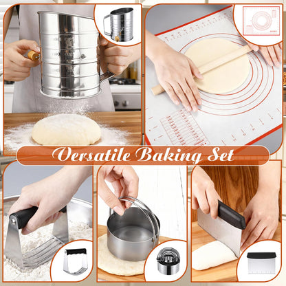 Teecyhooo 10 Pcs Stainless Steel Pastry Biscuit Cutter Set Include 3 Cup Flour Sifter Biscuit Cutter Pastry Scraper Dough Scraper Silicone Baking Mat Fine Mesh Strainer for Cooking Cookies Donuts Cake