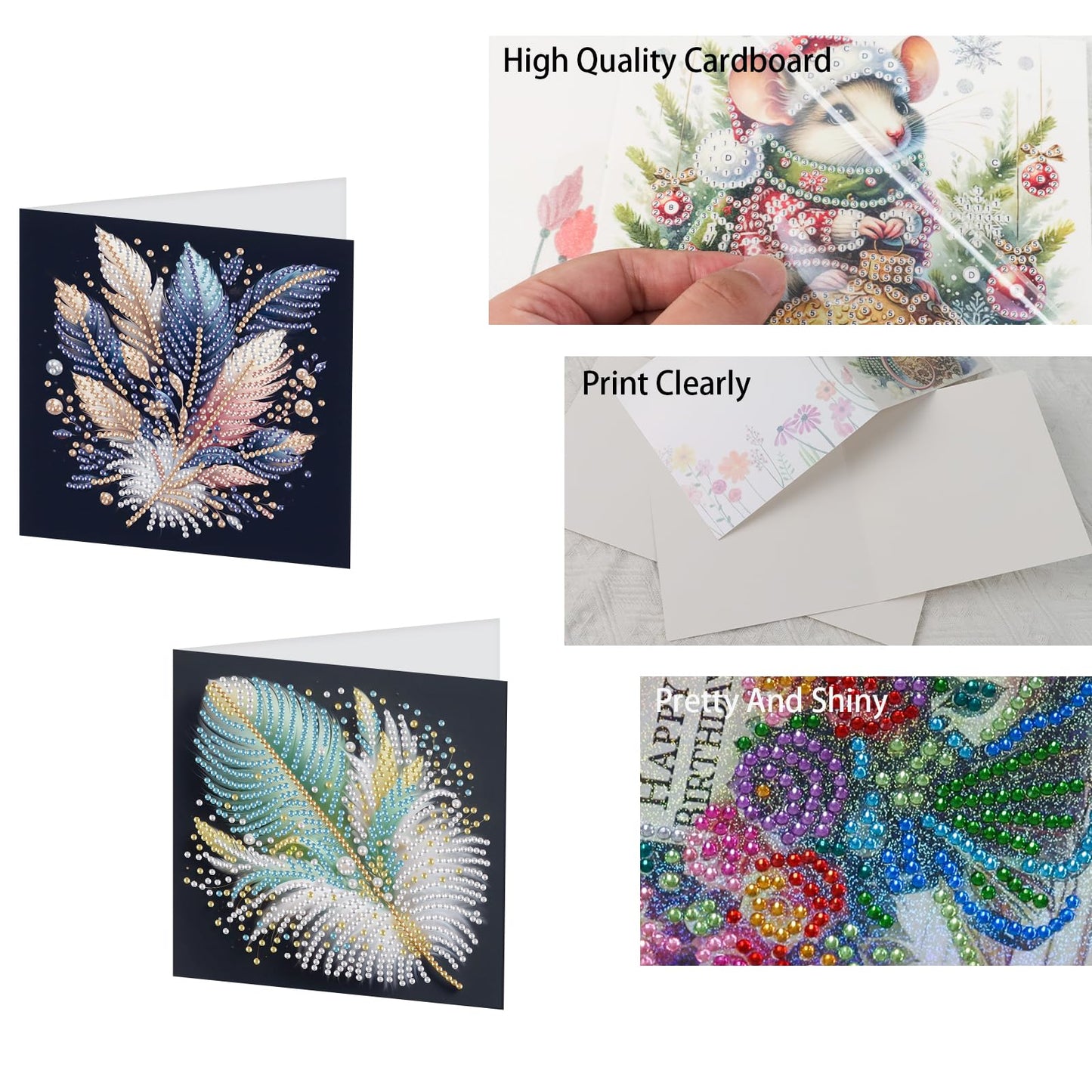 TDFERAN 6 Pack DIY Diamond Painting Greeting Cards Assortment with Envelopes Diamond Art Kits for Adults Blank Cards Cards for All Occasions Thank You Baby Wedding and More Note Cards Feather