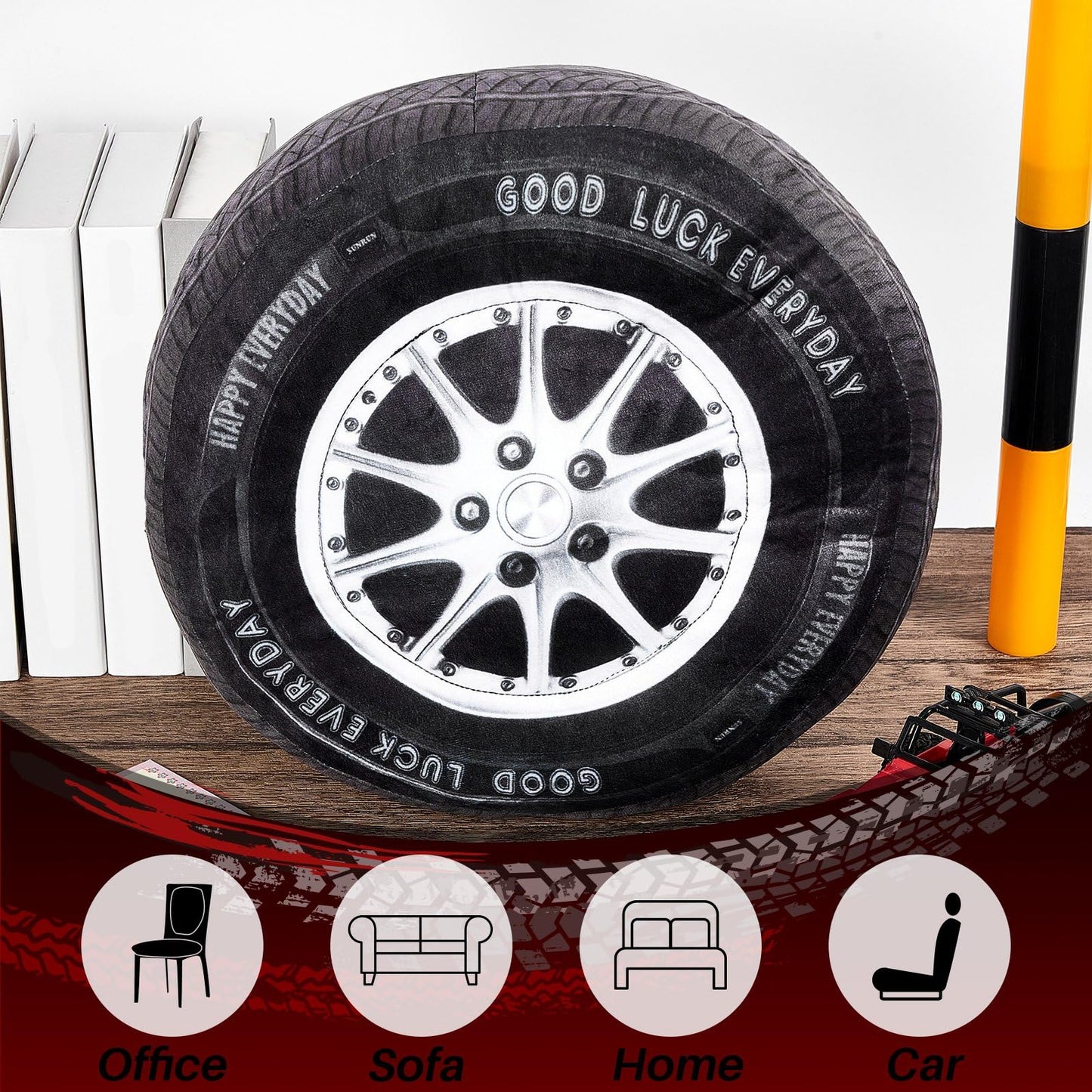 Meooeck 1 Pc Race Car Room Decor 3D Simulation Wheel Plush Pillow, 15.7 Inch Car Tire Big Soft Pillow Wheel Sofa Seat Toy for Boys Funny Bedroom Decorations Race Cars Party Gift (Classical)
