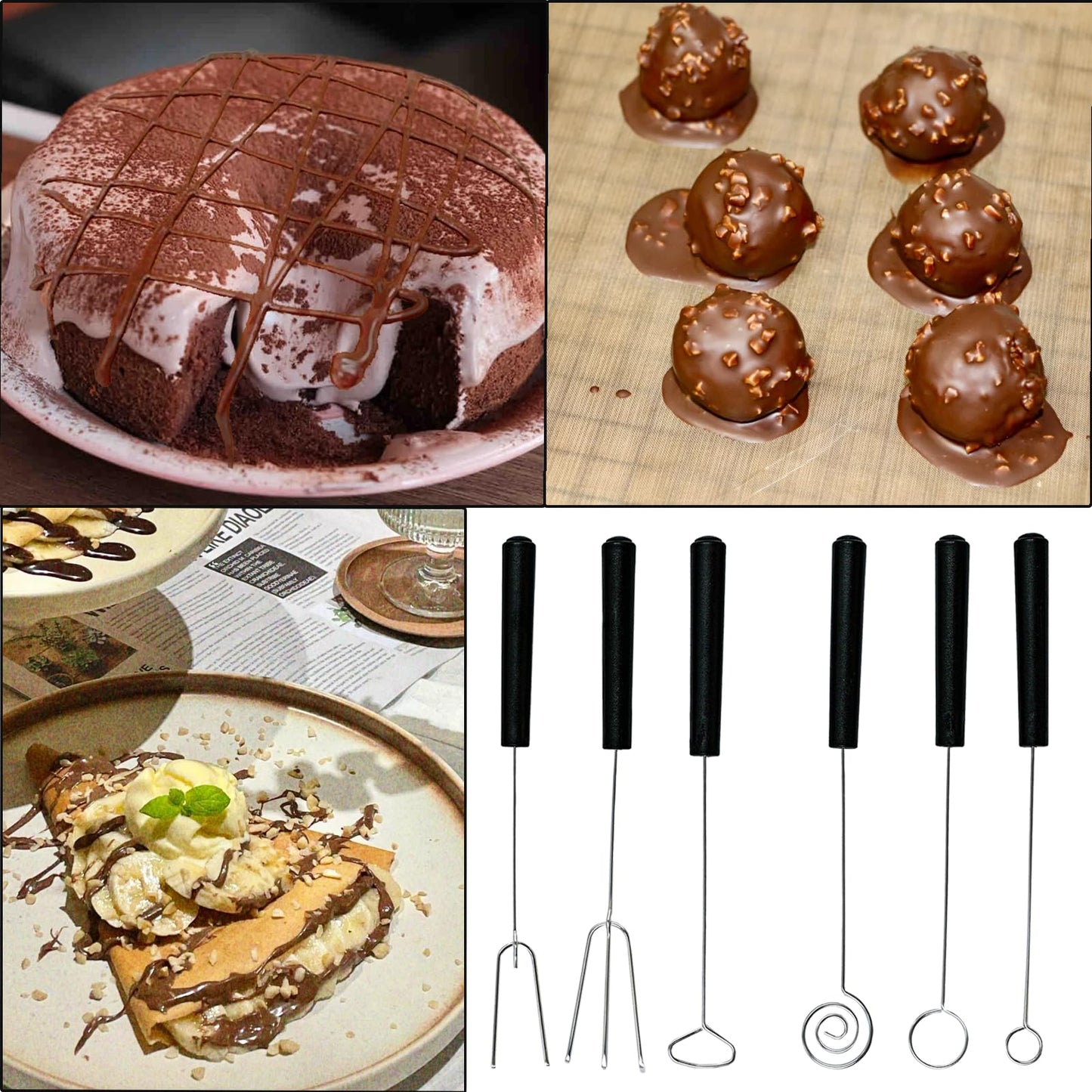 6Chocolate Dipping Tools Set Candy Dipping Tools+2 Culinary Decorating Spoons,Stainless Steel Chef Art Pencil Spoons,Plated Decoration Spoons for Decorative Plates Cake Creamer Coffee