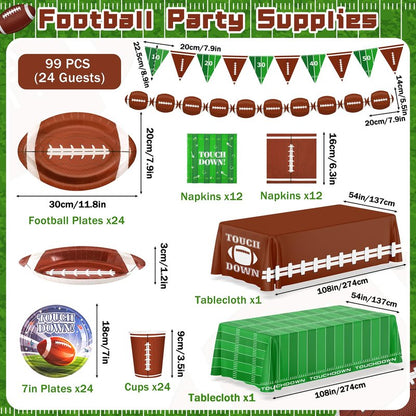 99PCS Football Party Tableware Supplies,Set of 24 Football Plates Napkins Cups,11.8in Football Shaped Disposable Paper Plates,Banner and Touchdown Tablecloth for Birthday Gameday Tailgate Decoration