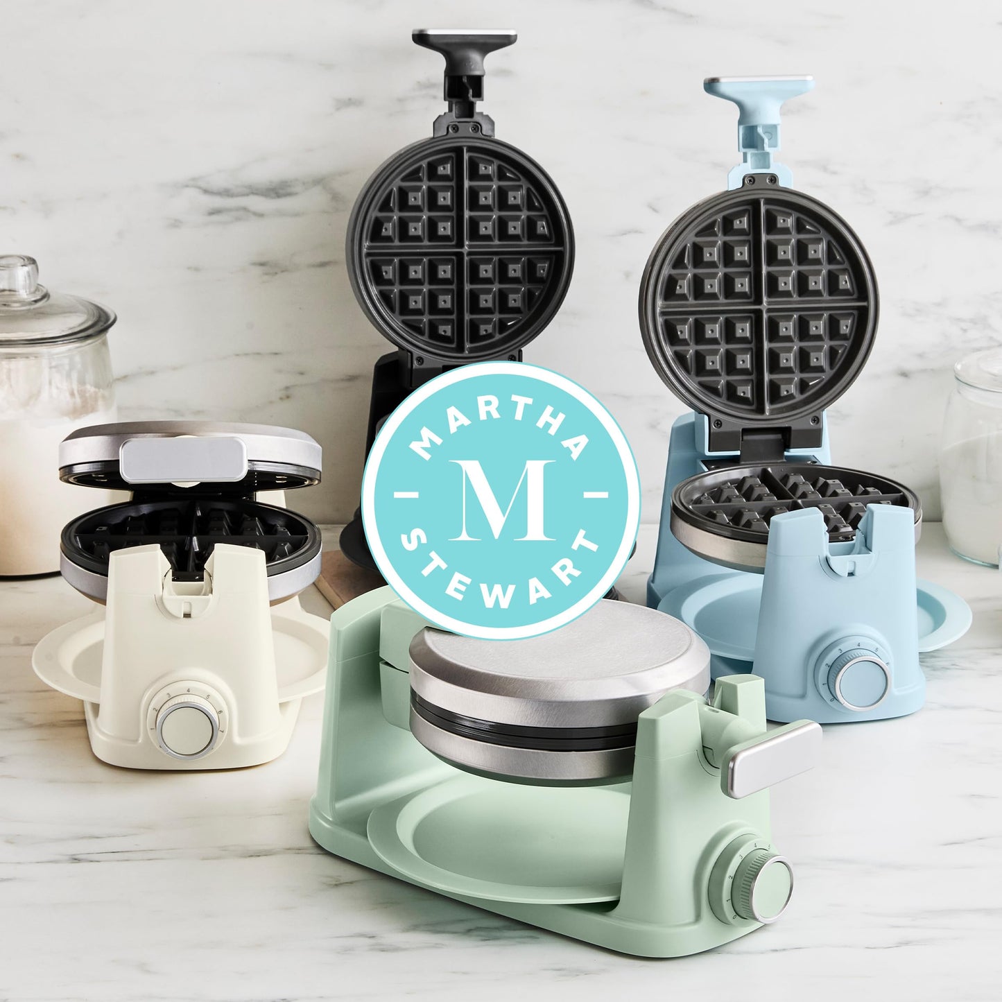 Martha Stewart Rotating Waffle Maker, 180° Flip Iron with PFAS-Free Nonstick Plates, Adjustable Timer, Ready Light, Drip Tray, Space Saving, Classic Round 7”, Easy to Clean, Stainless Steel, Sky Blue