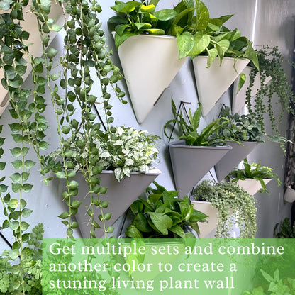LaLaGreen Bundle - 12" x 2 Pack Gray + 12" x 2 Pack Black Large Self Watering Geometric Hanging Flower Vase Vessel with Metal Hanger, Modern Stylish Wall Mounted Succulent Pot Holder Decor