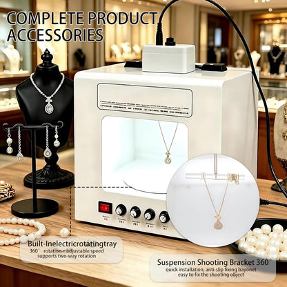 QIUNAOZI Jewelry Hanging Photography Kit, Jewelry Photo Light Box, with 360° Electric Rotating Feature, Turntable Diameter 11/15cm, Support Jewelry Hanging or Placing Black-TB20