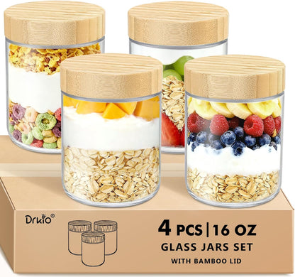 16 Oz 4 Pack DRKIO Overnight Oats Containers with Bamboo Lids - Glass Storage Jars with Airtight Lids Wide Mouth Mason