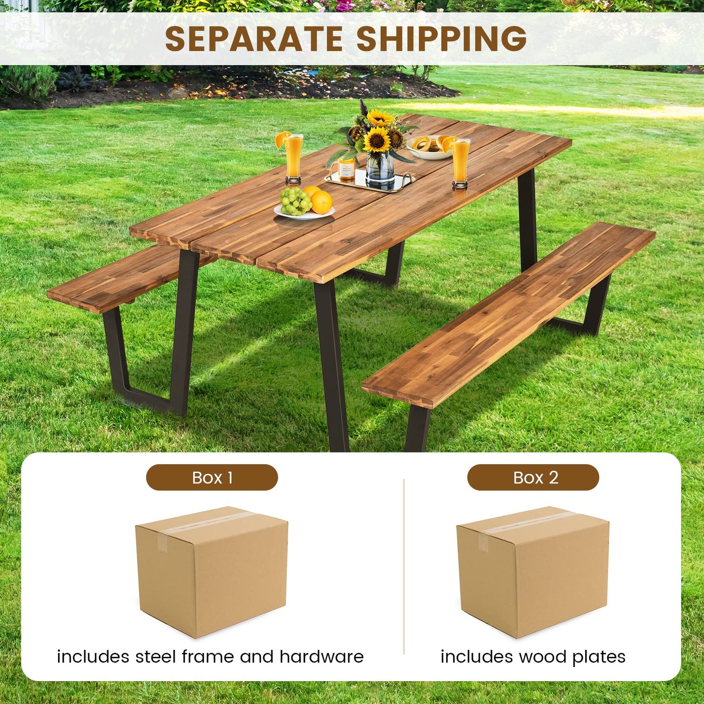 HOMGX Picnic Table, 6 Ft Dining Table with 2 Umbrella Hole, Table Bench Set with Heavy-Duty Metal Frame, Acacia Wood Picnic Table for Outdoor, 6-8 Person, Patio, Lawn, Party, Garden, Natural & Black