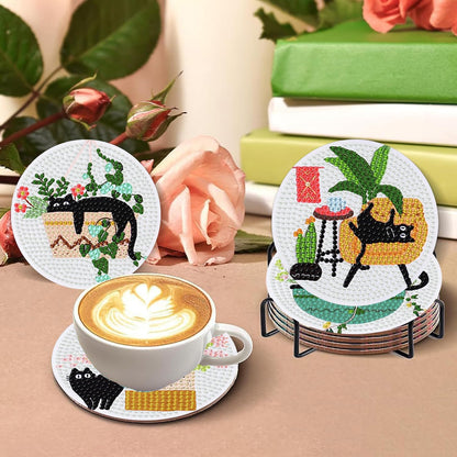 8 PCS Diamond Art Coasters Kits Black Cat Diamond Painting Coaster Kits Diamond Coasters with Holder Cork Pads Gem Art Dots Paintings Crafts Supplies for Adults Beginners