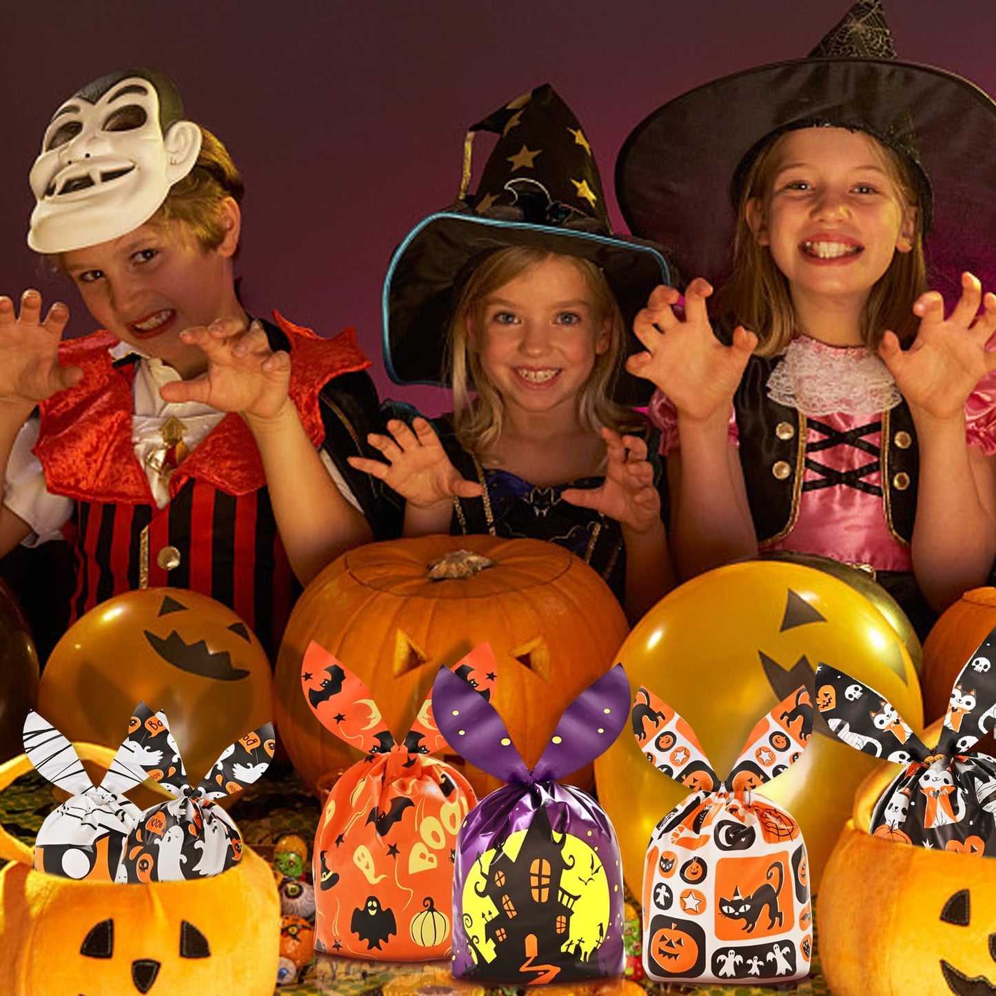 AhfuLife 120 PCS Halloween Treat Candy Bags, 6 Designs Halloween Goodie Bags for Trick or Treat, Small Cute Rabbit Ears Snack Bags for Party Supplies Favors