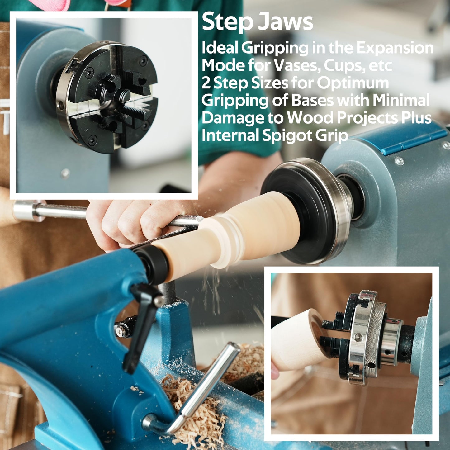 BMTURNING 4” Wood Lathe Self-Centering Chuck Set, Dovetail Jaws, Pin Jaws, Step Jaws, Wide Jaws, 5" Flat Jaws, Wood Screw, 1"x8TPI Thread, adaptor to 3/4"x16TPI, with Nickle electric Coating.