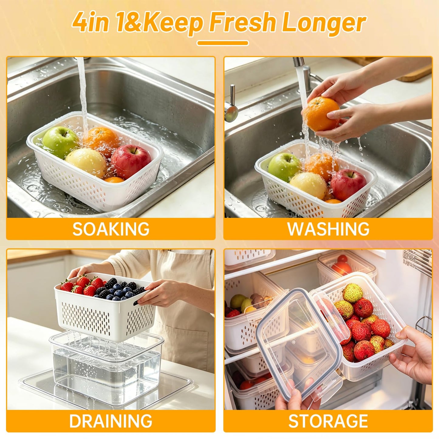 IKKAB 3 Pack Fruit Storage Containers for Fridge with Removable Colander, Airtight Produce Storage Containers for Fridge, 4-in-1 Fruit and Vegetable Storage, Berry Keeper, Stackable Veggie Containers