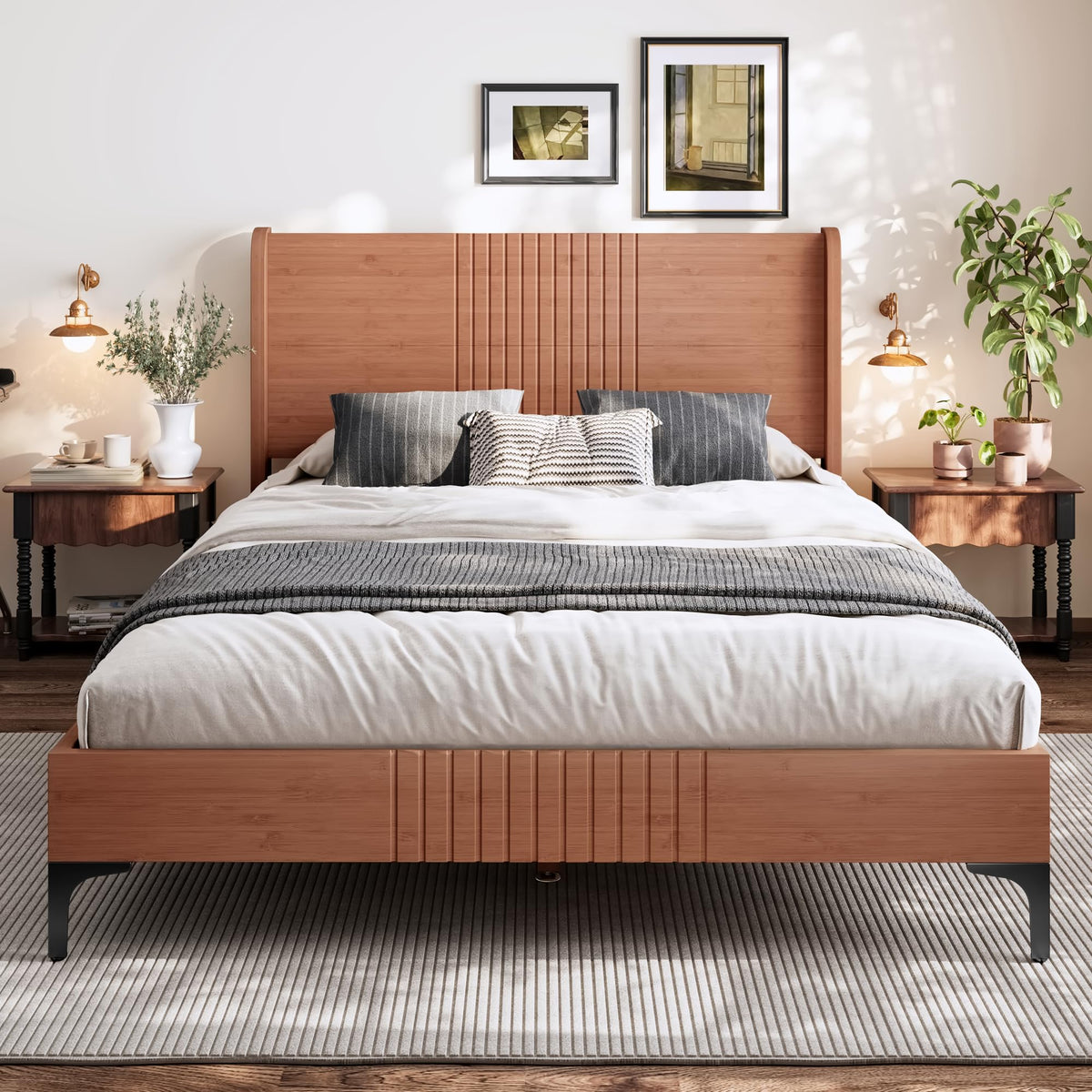 KEIKI Full Size Platform Bed with Bamboo-Made Structure, Mid-Century Style Bed Frame with Chic Headboard, Sustainable Bedframe Full for Bedroom, Easy Assembly, No Box Spring Needed, Natural