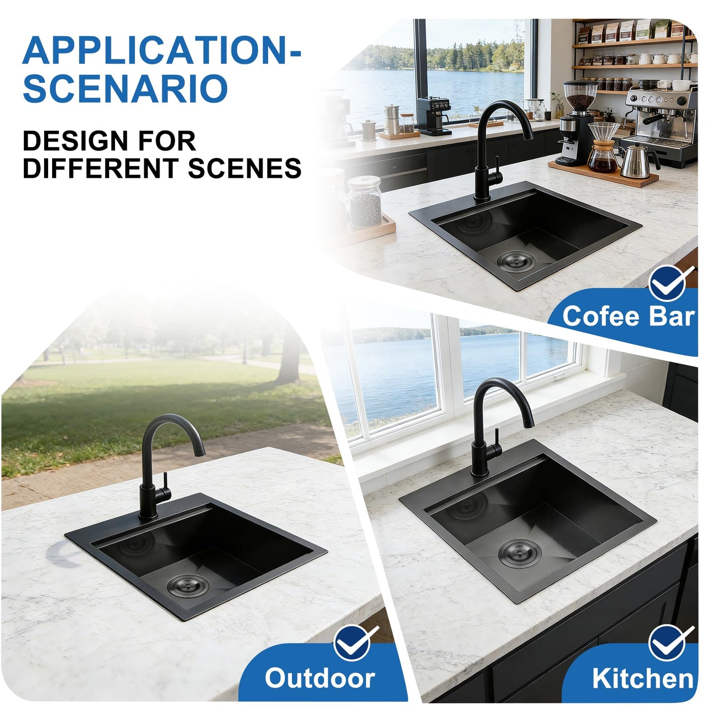 Scamall 15x17x9 Drop In Kitchen Sink Workstation, Nano Black 304 Stainless Steel Deep Single Bowl with Quick Drainage & Tarnish-Free Surface for Bar, Laundry, RV, Includes Accessories