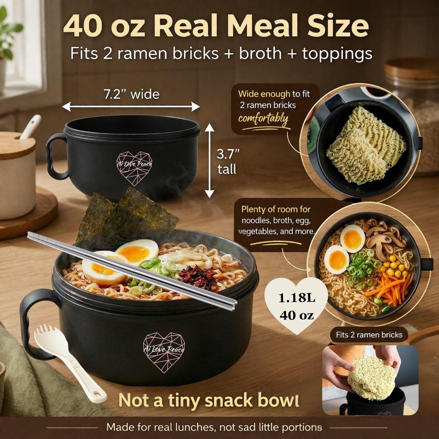 AI LOVE PEACE Microwaveable Ramen Noodle Bowl Cooker 40oz for Ramen, Rice, Pho, Soup, and Pasta, Dishwasher Safe and Portable, Ideal for Home, Office, Dorm, or Gift (Red)